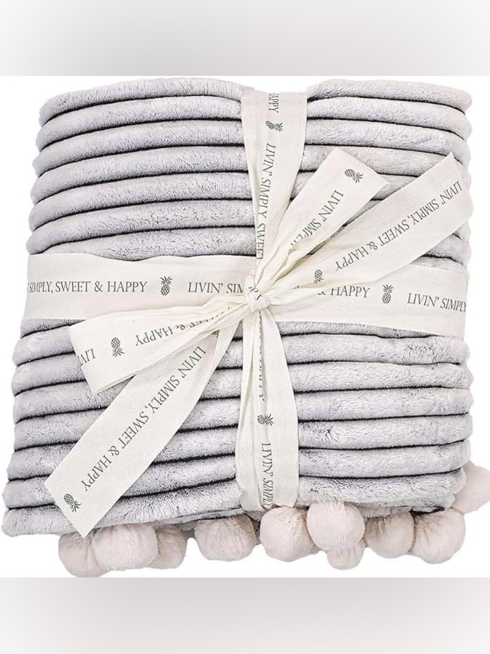 Simply Southern Cuddly-Luxe Light Gray Pom-Pom Blanket - NWT